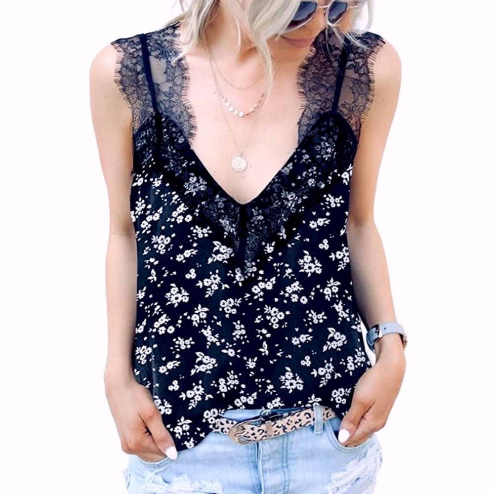 Sexy V Neck Floral Lace Cami Tank Tops Blouse
